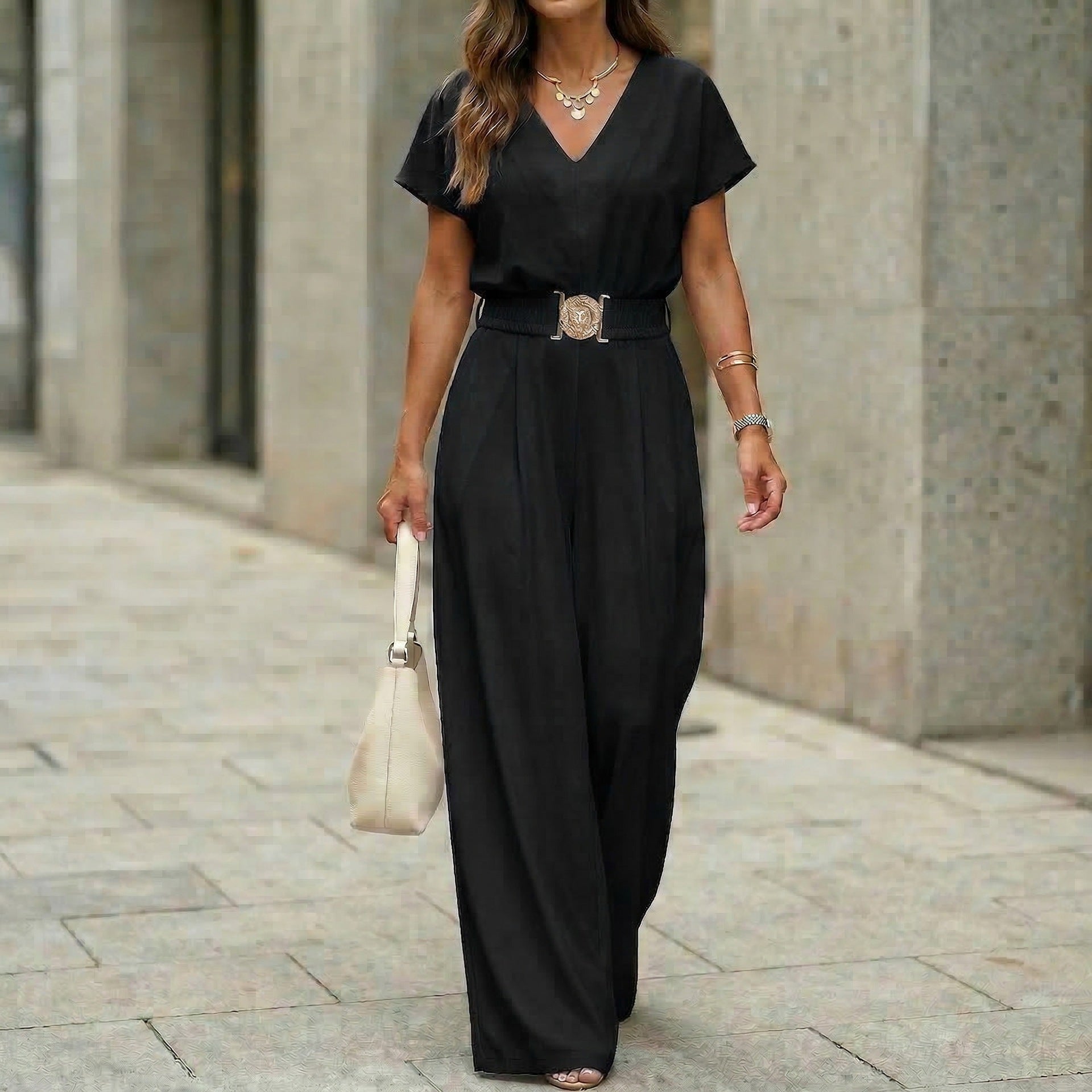 Women's V-Neck Belted Wide-Leg Jumpsuit