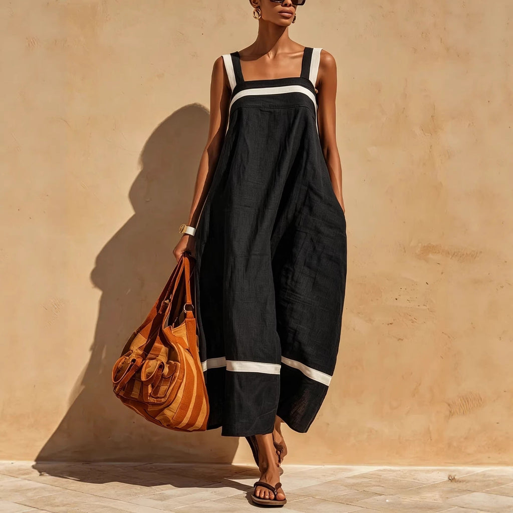 Women's Contrast Strap Casual Loose Midi Dress – Linen Blend