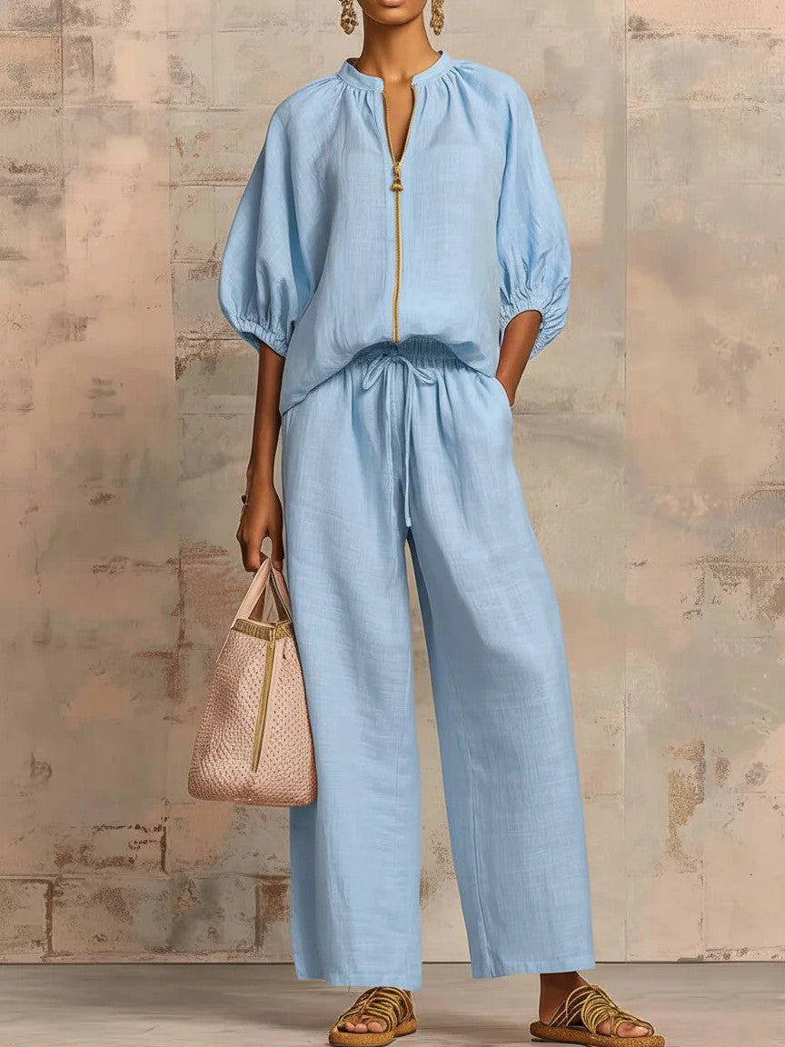 Women's Casual Loose Zipper Round Neck Wide-Leg Pants Set