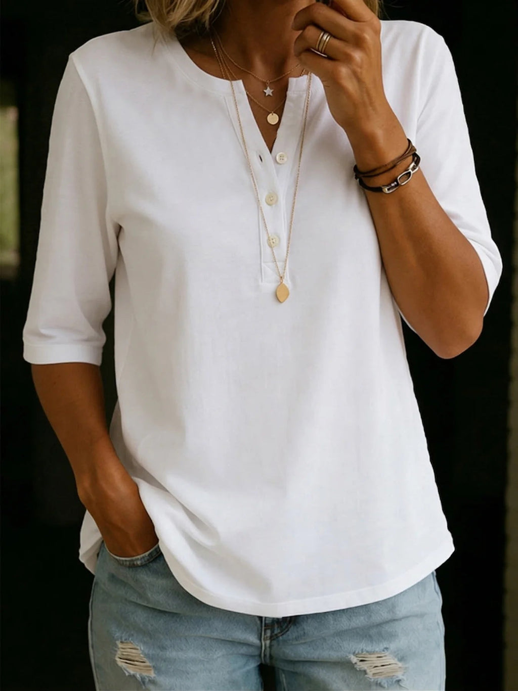 Women's Solid Color Henley Button-Up Short Sleeve Top