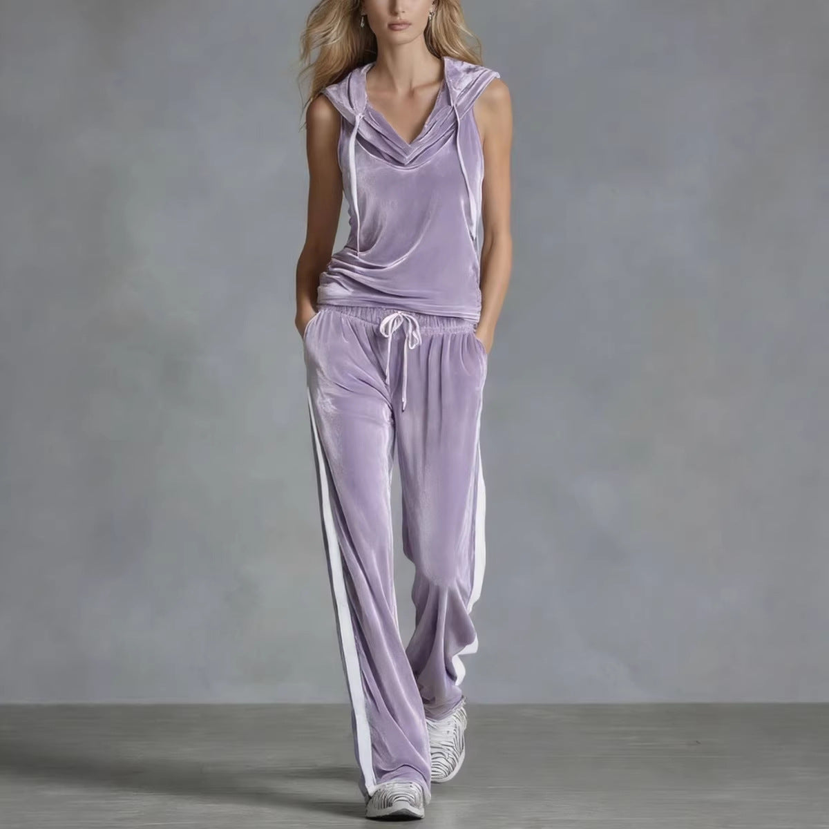 Women's Sleeveless Hooded Velvet Top & Long Pants Set | Casual Sporty 2-Piece in 6 Colors