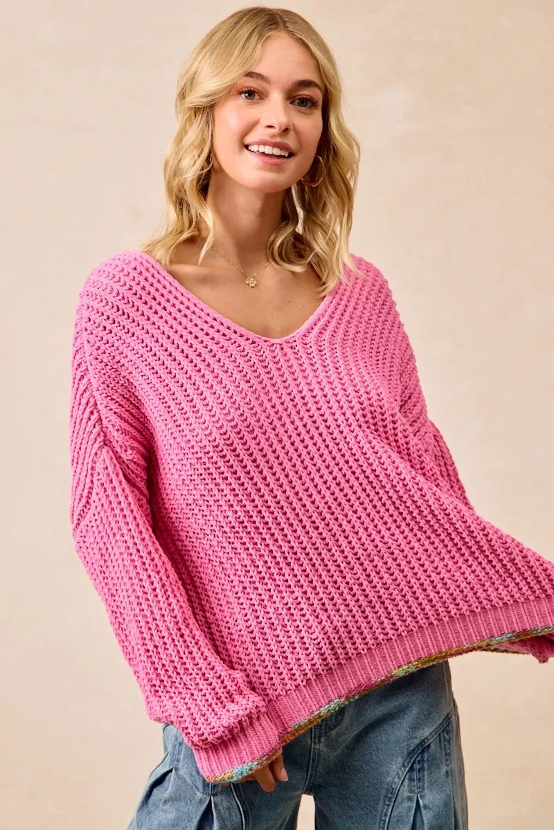 BiBi V-Neck Sweater with Colorful Trim