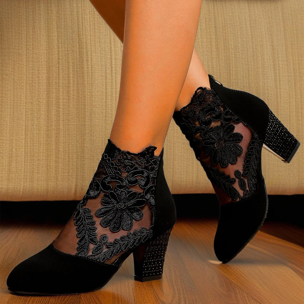Lace-Embroidered Mesh Chunky-Heel Ankle Boots | Black & White EU 35–43
