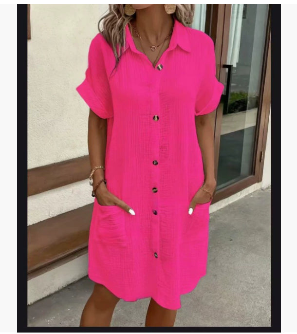 Women's Shirt Dress – V-Neck Button-Front A-Line Dress