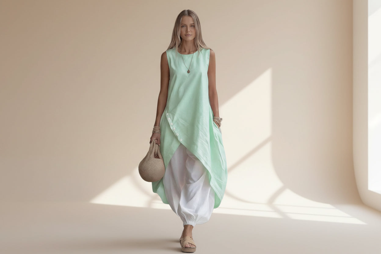 Solid-Color Sleeveless Loose-Fit Dress With Patch Pockets