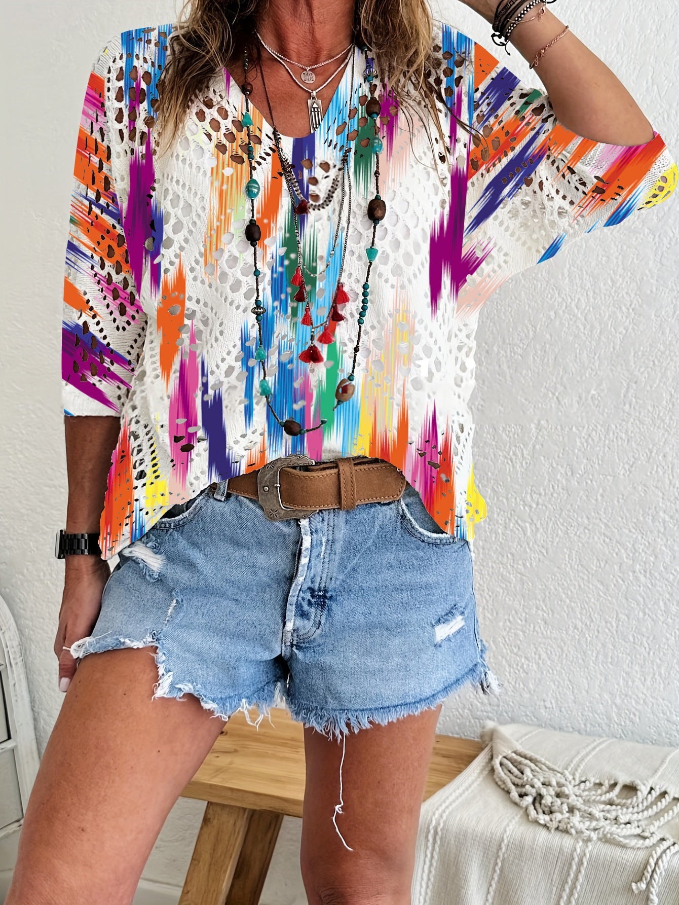 Women's Batwing-Sleeve Sweater – Hollowed-Out 3D Knitted Print Relaxed Fit