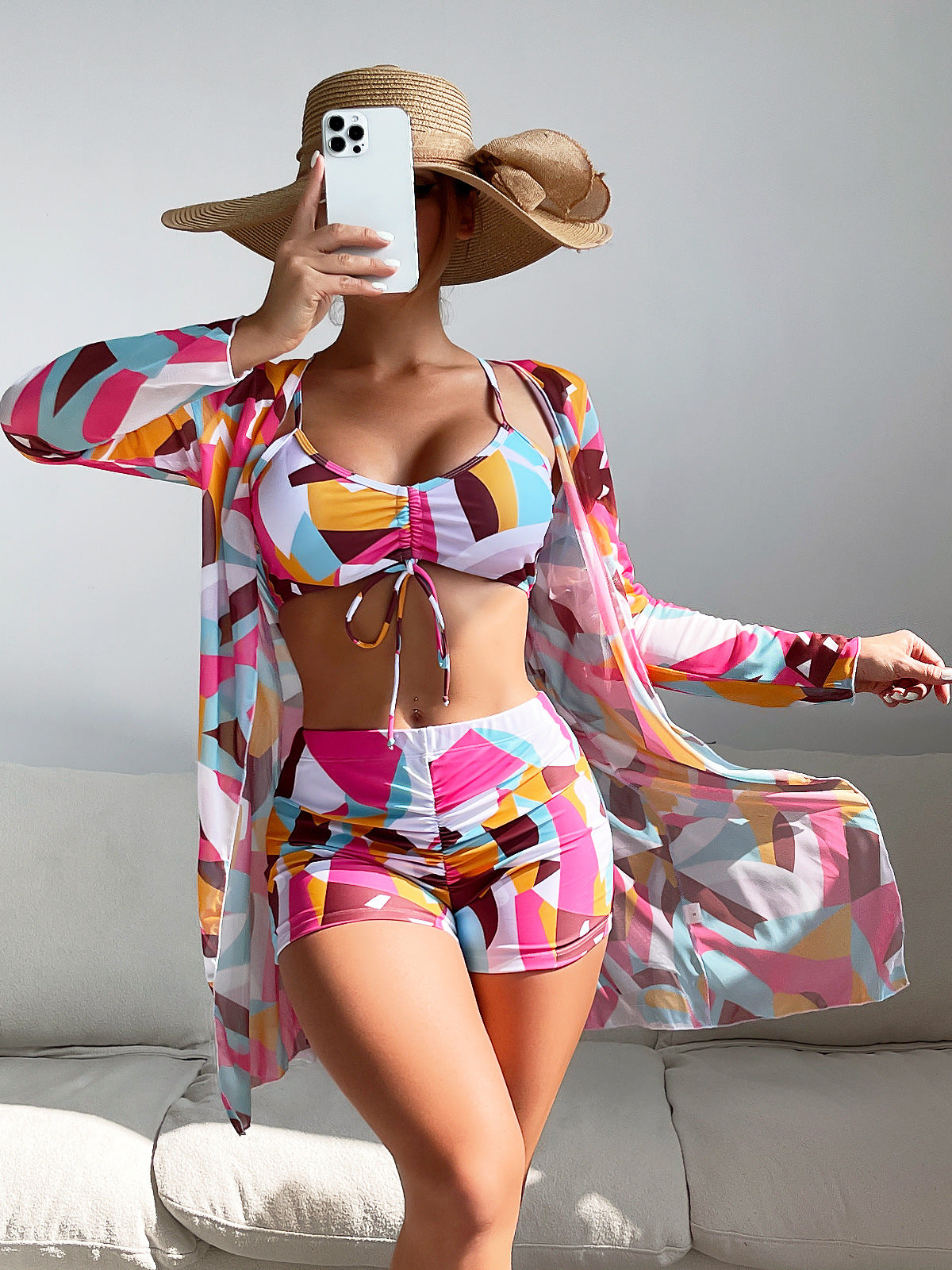 Mesh Cover-Up Three-Piece Swimwear Set – Bikini with Leg-Length Briefs