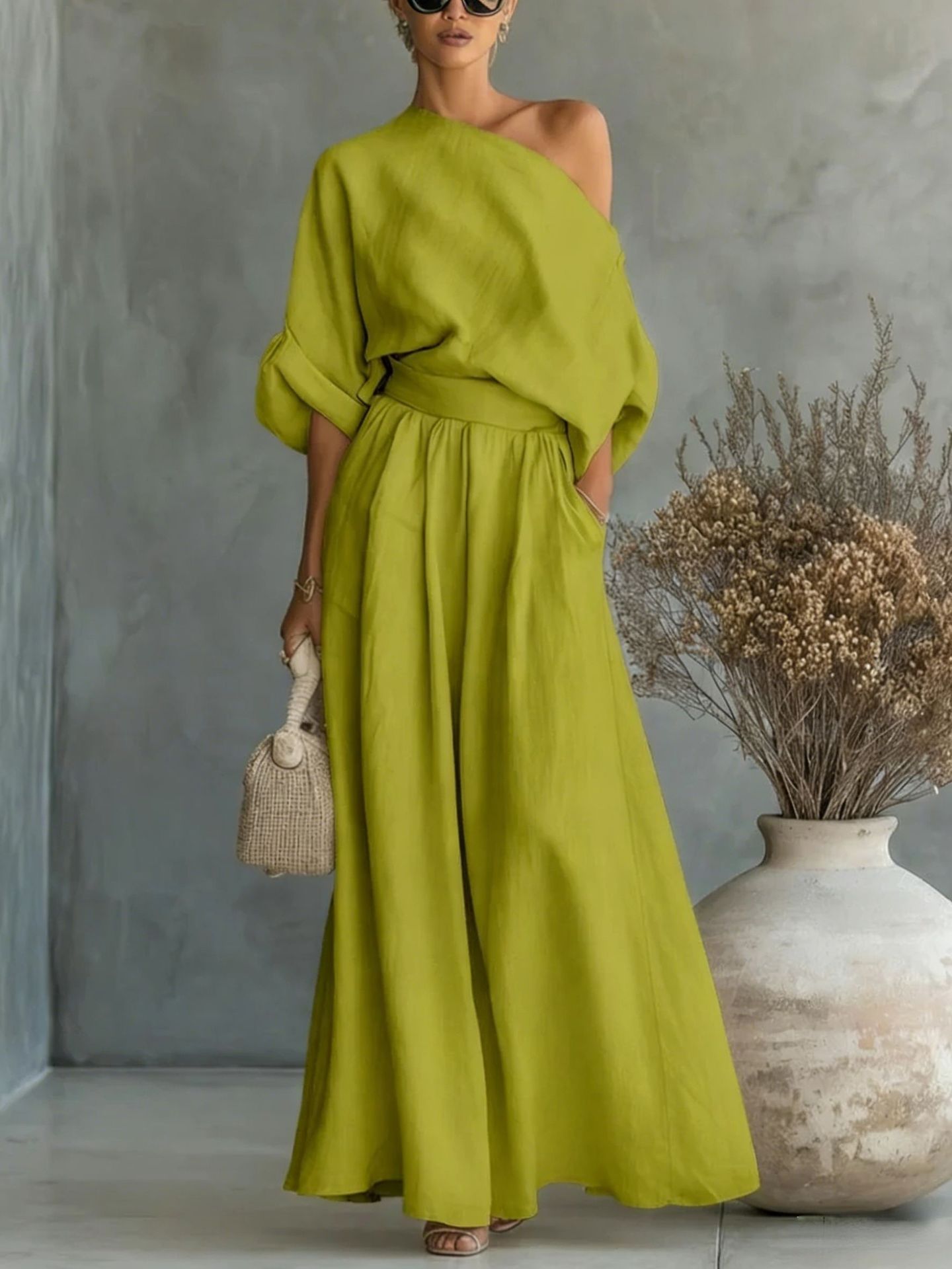 Cropped Off-Shoulder Top & Pants Two-Piece Set – 8 Colors, S–5XL