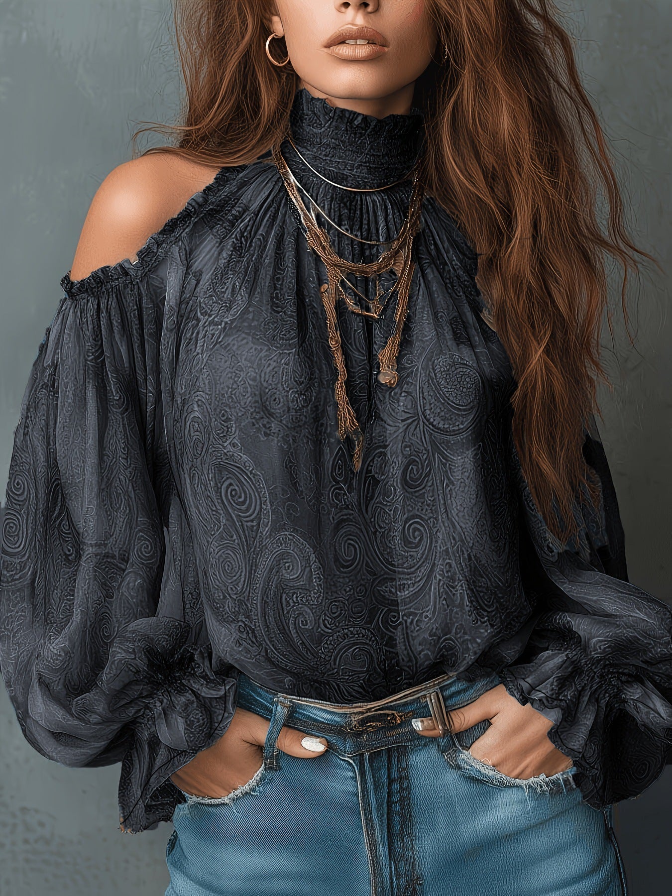 Women's Retro Cashew Print Off-Shoulder Blouse with Lantern Sleeves