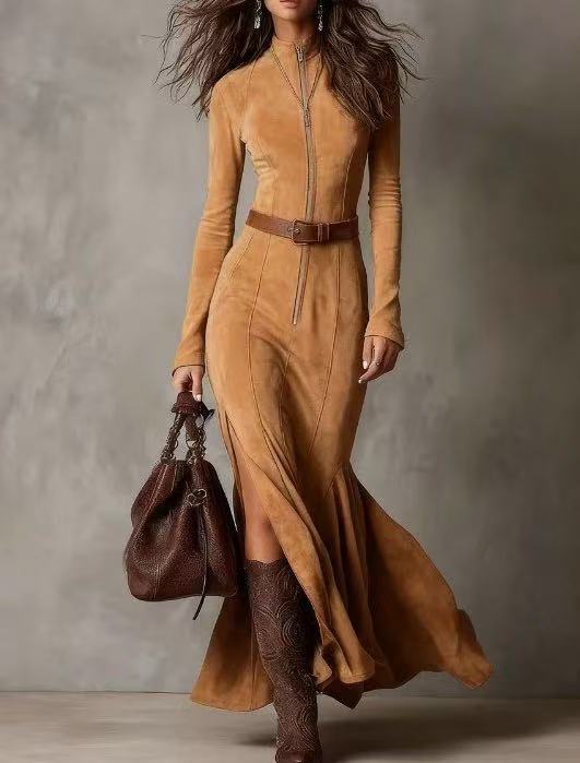 Women's Suede Velvet Zip-Front Fishtail Maxi Dress – Long Sleeve High Waist Mermaid Hem
