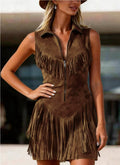 Women's Suede Western Tassel Sleeveless Slim-Fit Midi Dress