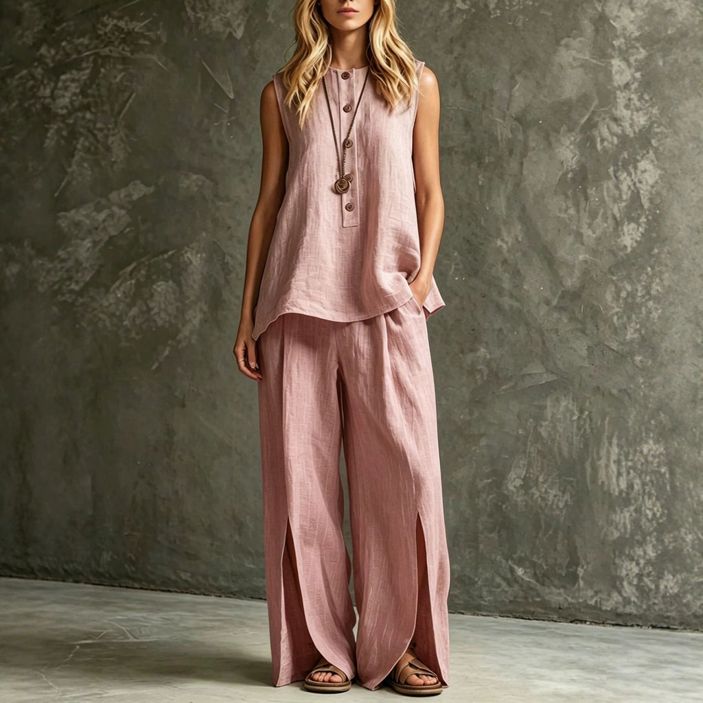 Women's Loose Sleeveless Tank Top & Slit Wide-Leg Pants Two-Piece Set