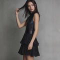 Black PU Leather Spliced Mini Dress – Sleeveless Double-Layer Ruffle Hem