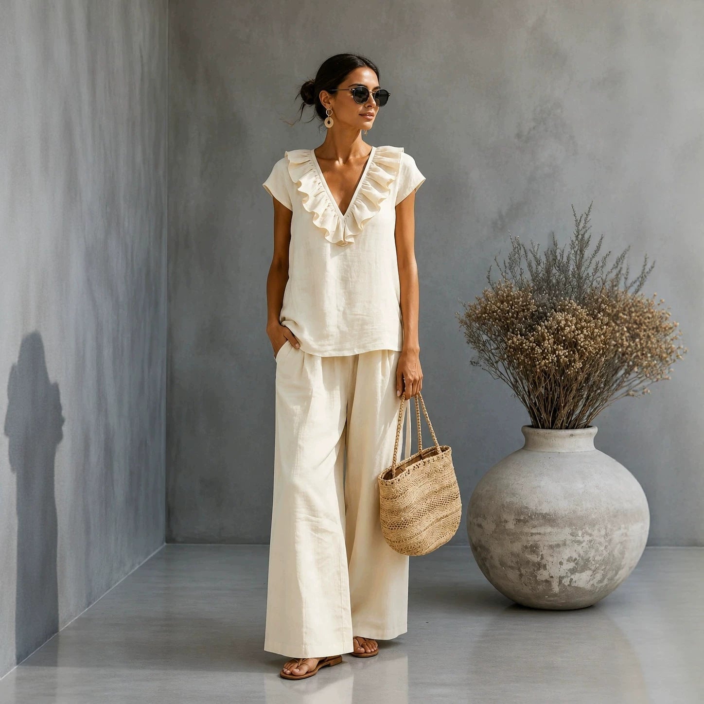 Women's V-Neck Ruffled Hem Top & Wide-Leg Pants Two-Piece Set