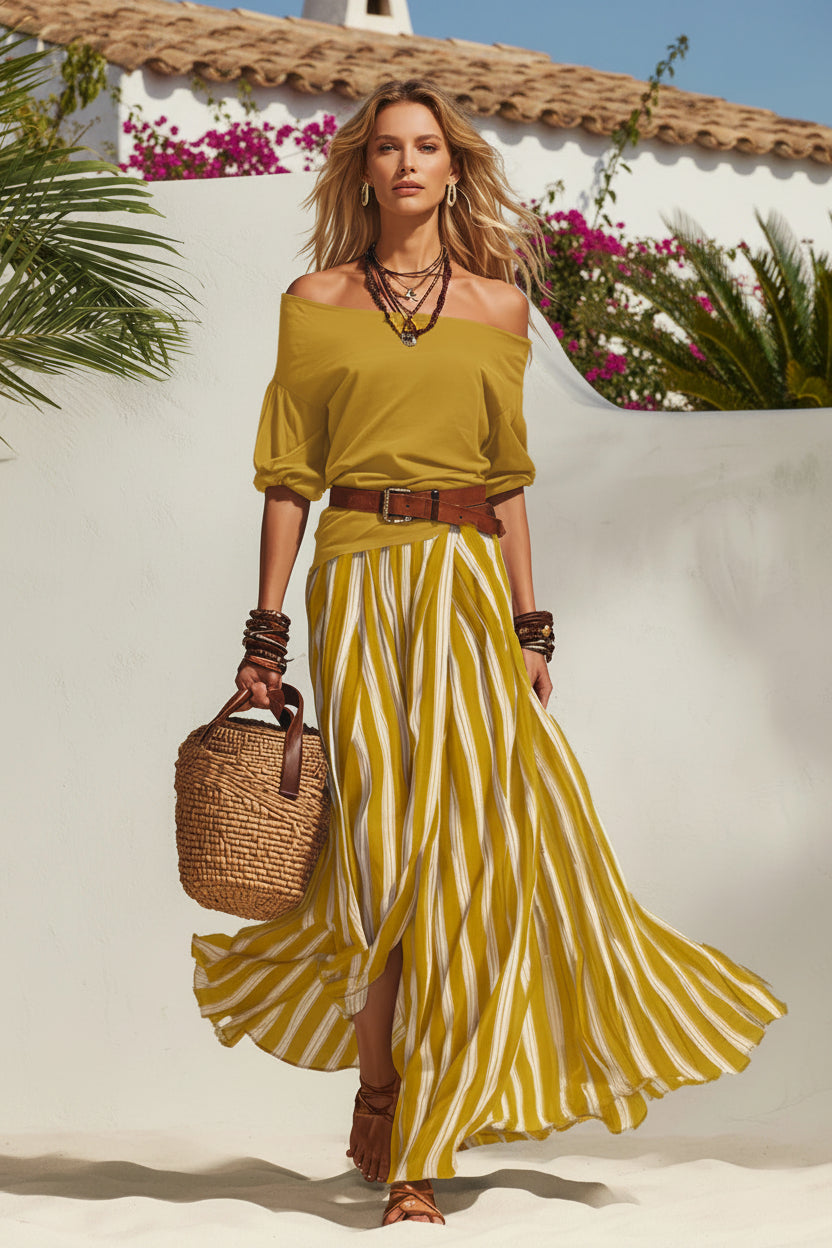 Women's Off-Shoulder Top & Slit Maxi Skirt Set
