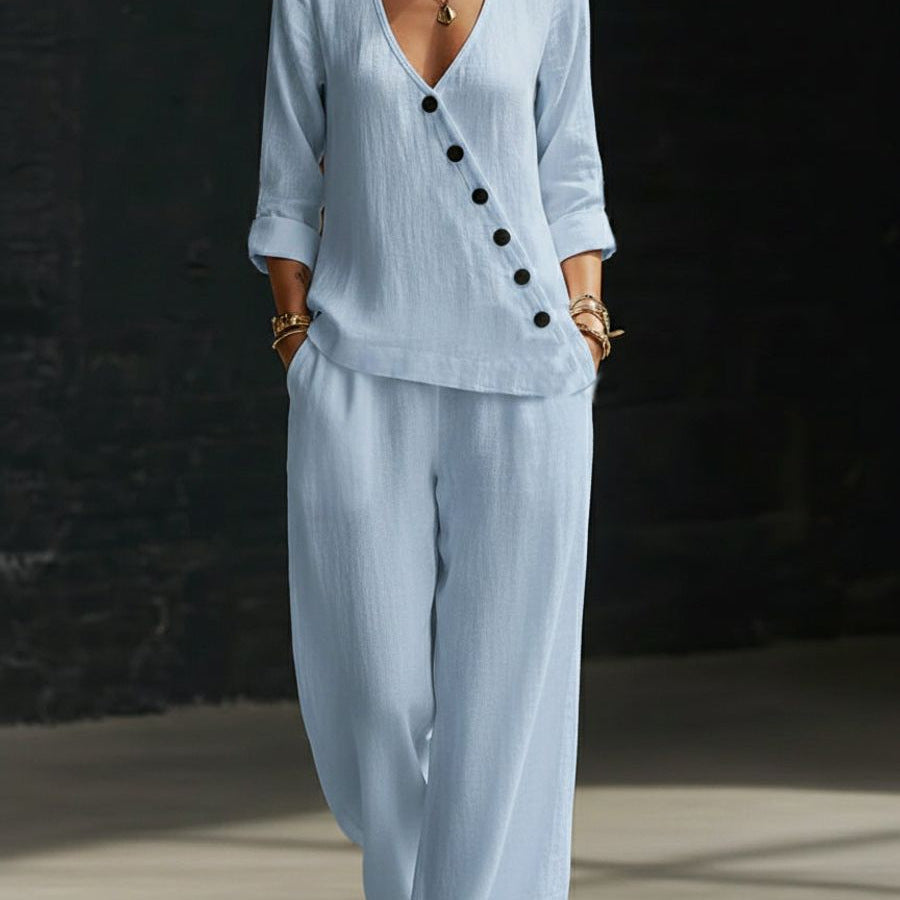Women’s V-Neck Cross-Over Shirt and Wide-Leg Pants Set
