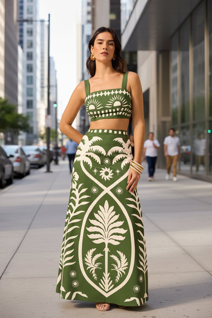 Women's Floral Printed Camisole & High-Waisted Midi Skirt Set