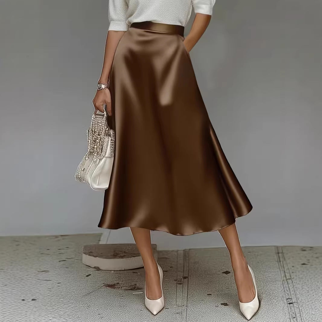 Women's Satin Solid Color Mid-Length Skirt – Slight Stretch