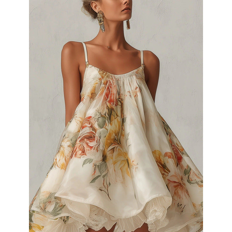 Women's Floral Print Spaghetti Strap Ruffle Neck Layered Lace Hem Mini Dress