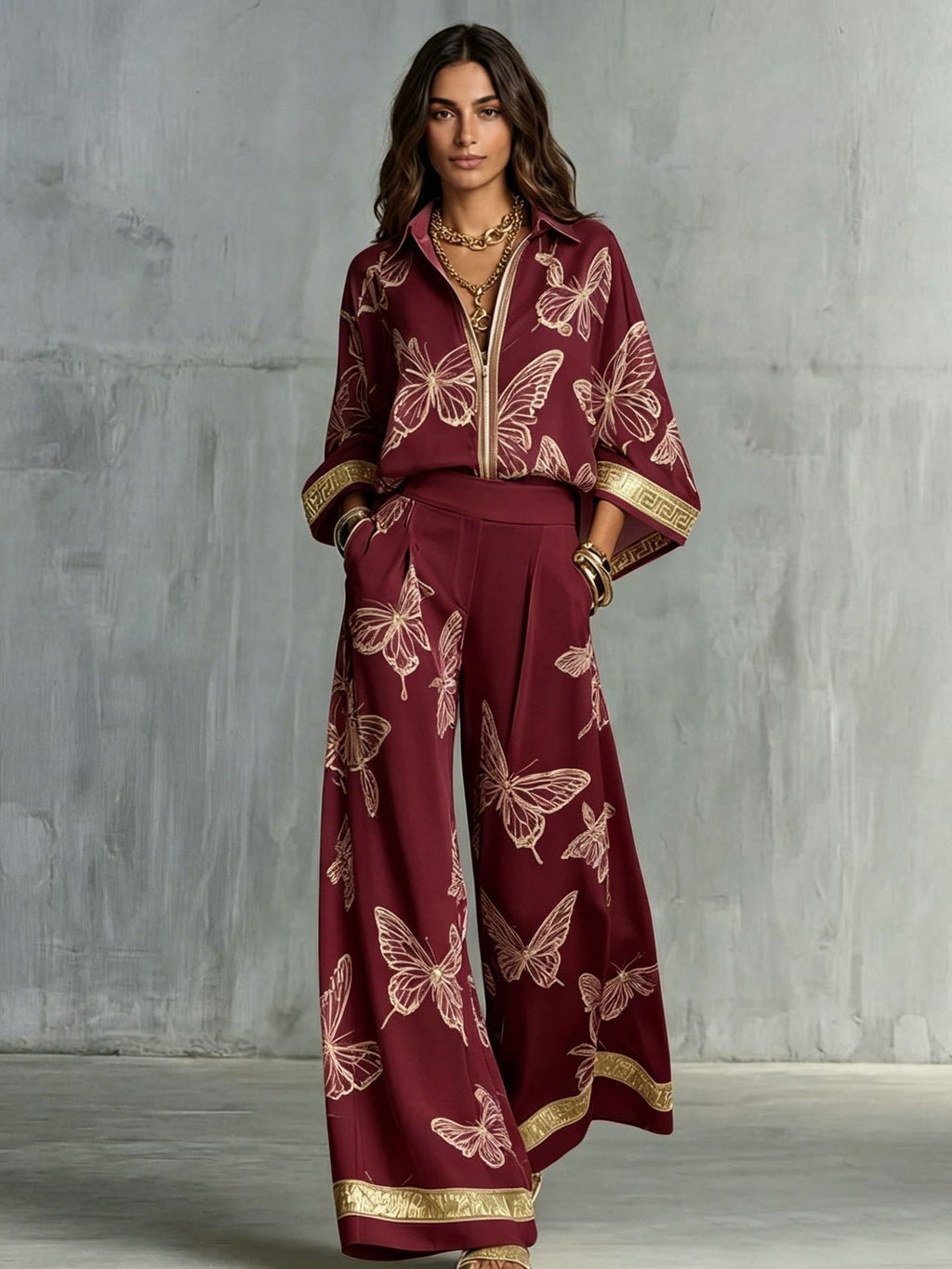 Women's Deep V-Neck Zipper Top & Wide Leg Pants Two-Piece Set