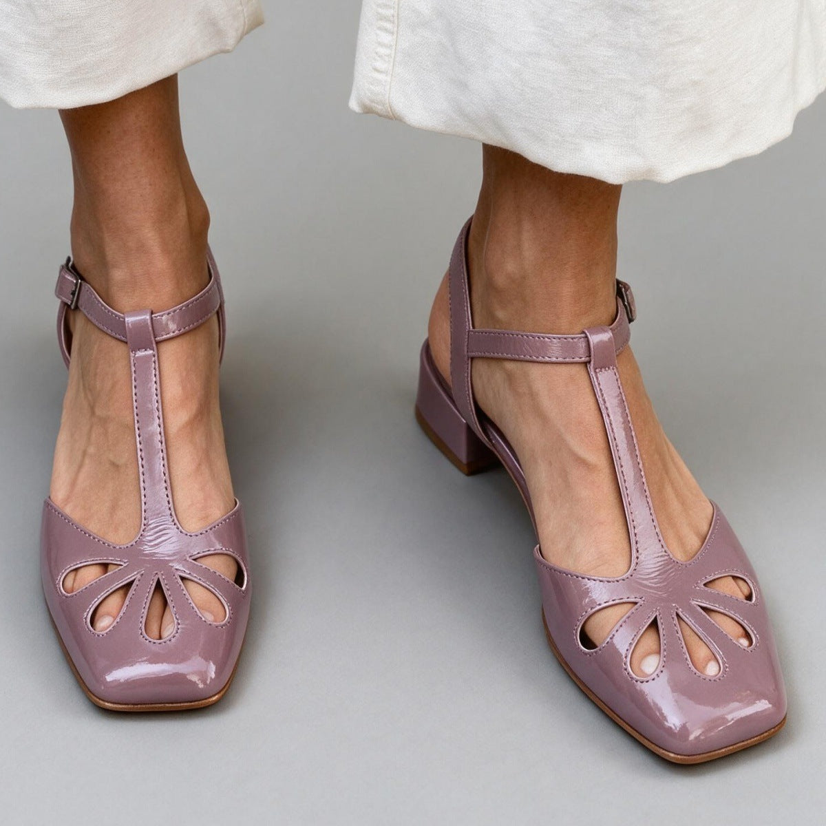Women's Retro T-Strap Block Heel Sandals – Floral Cut-Out Square Toe