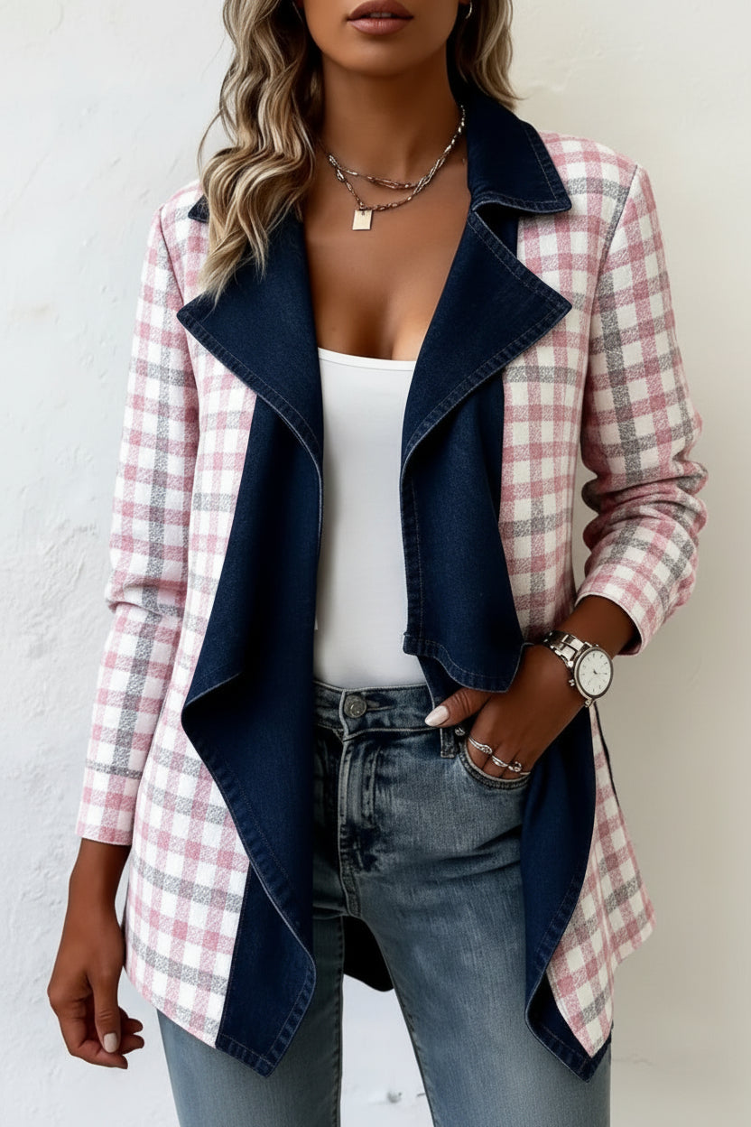 Patchwork Denim Collar Women’s Long-Sleeved Mid-Length Coat
