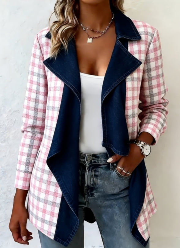 Patchwork Denim Collar Women’s Long-Sleeved Mid-Length Coat