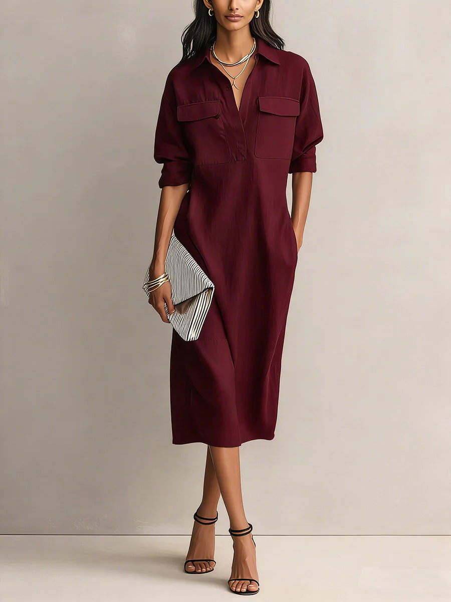 Women's Solid Color Pleated A-Line Midi Dress | Elegant Office Casual Shirt Collar Dress