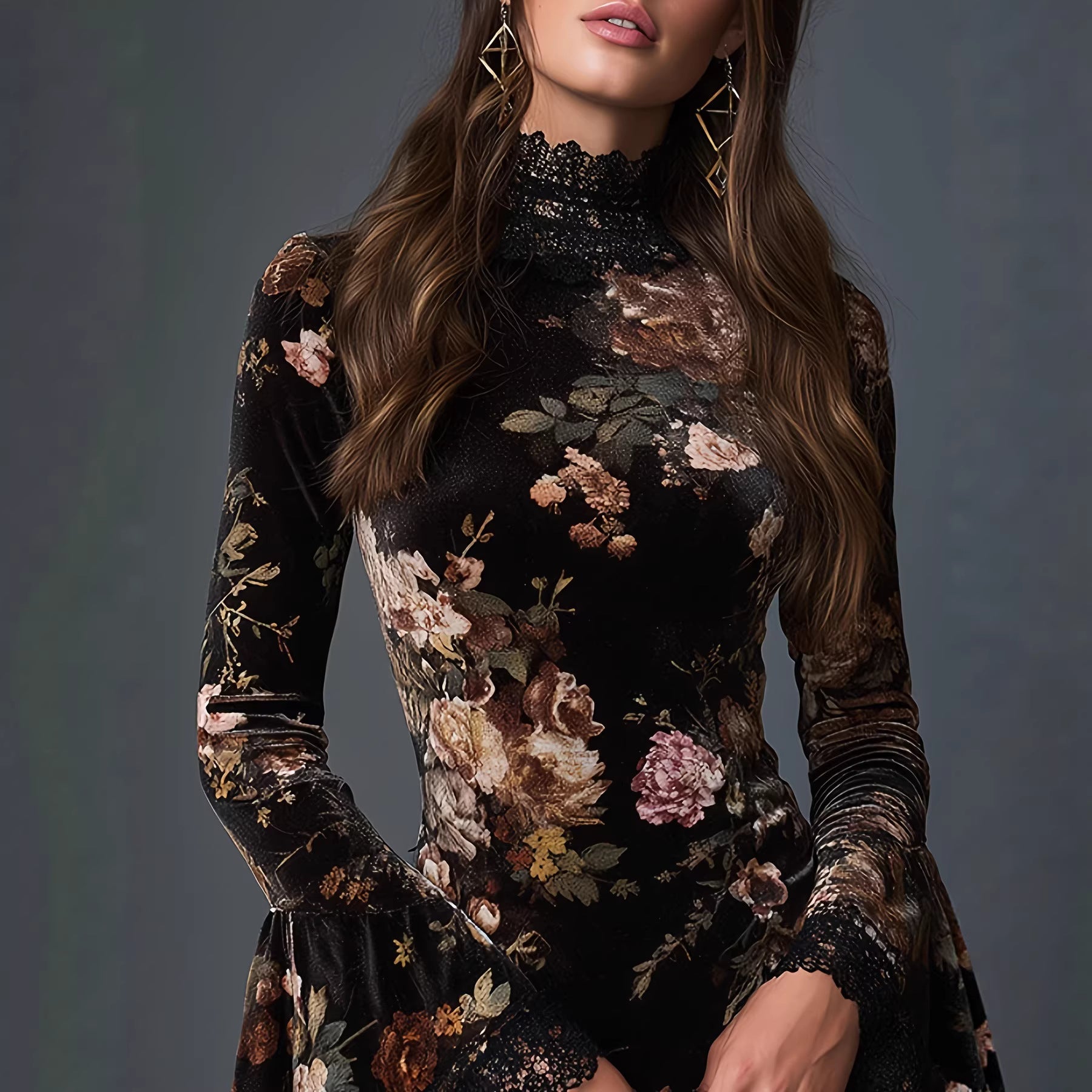 Vintage Floral Print Lace Spliced Flared Sleeve Fitted Mini Dress