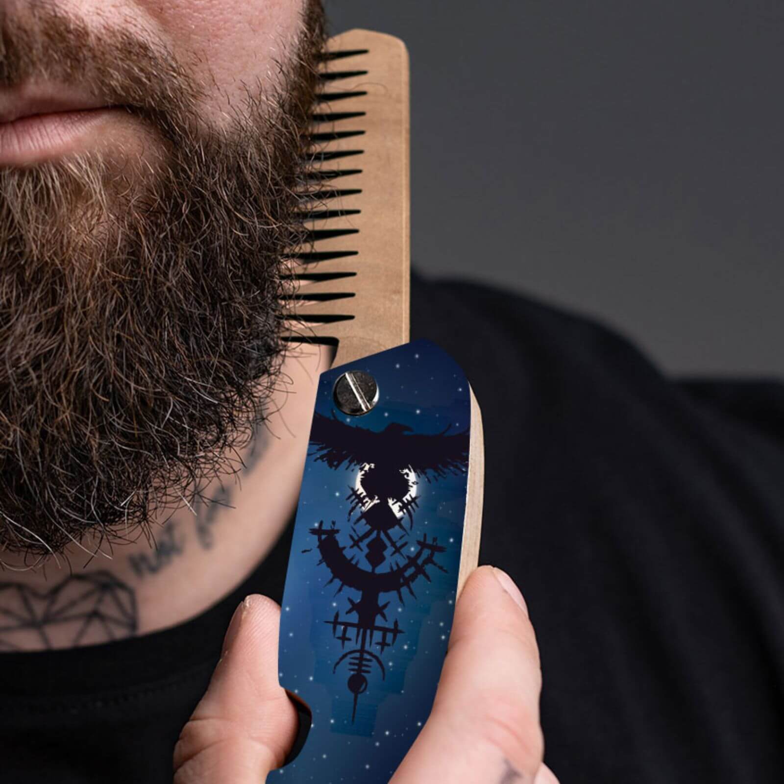 Wooden Beard Comb - Black Runes