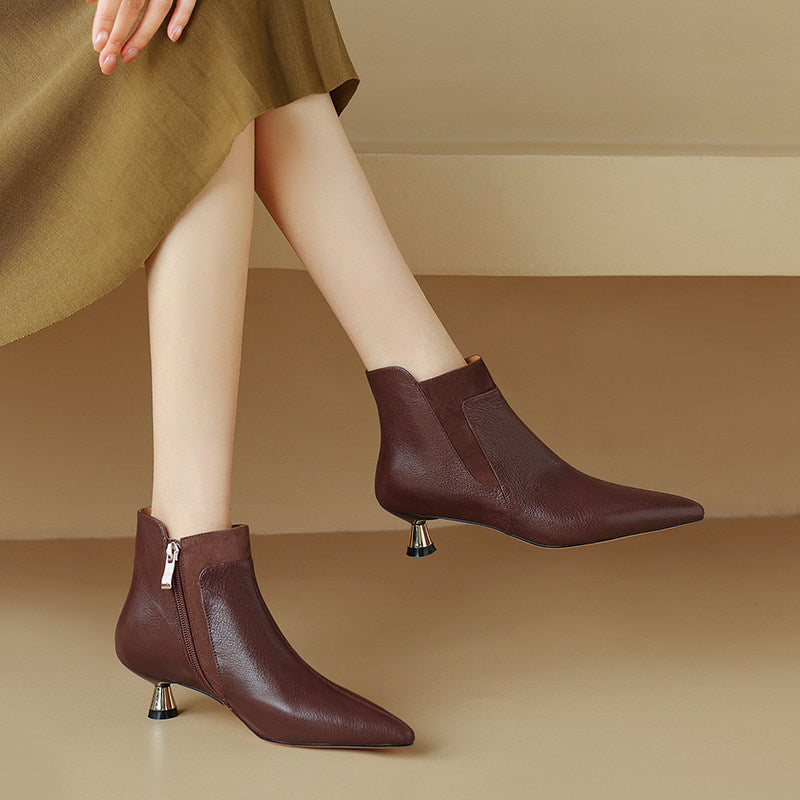 Women's Genuine Leather Kitten Heel Ankle Boots – Pointed Toe Side Zip
