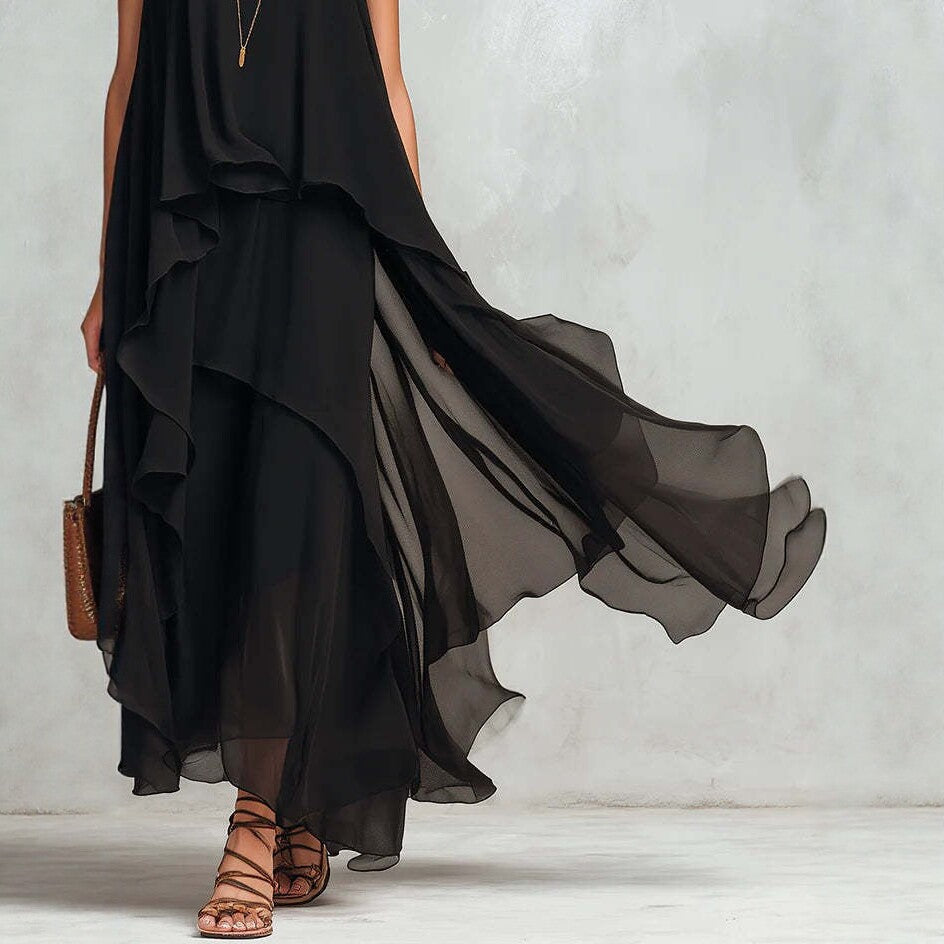 Asymmetrical Ruffle Mesh Chiffon Sleeveless Maxi Dress – Black, XS–XXL