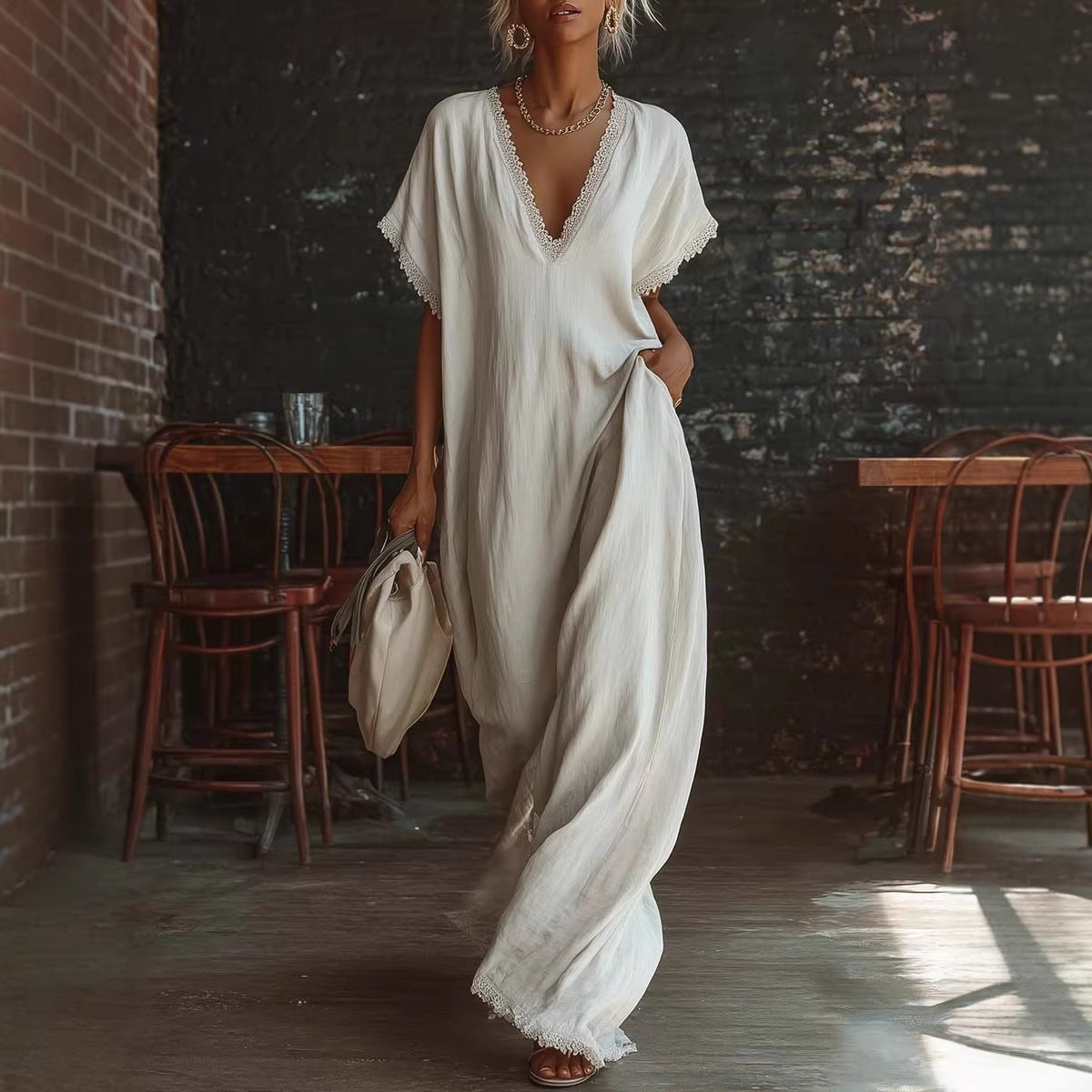 Lace-Trimmed Loose Long Dress for Women