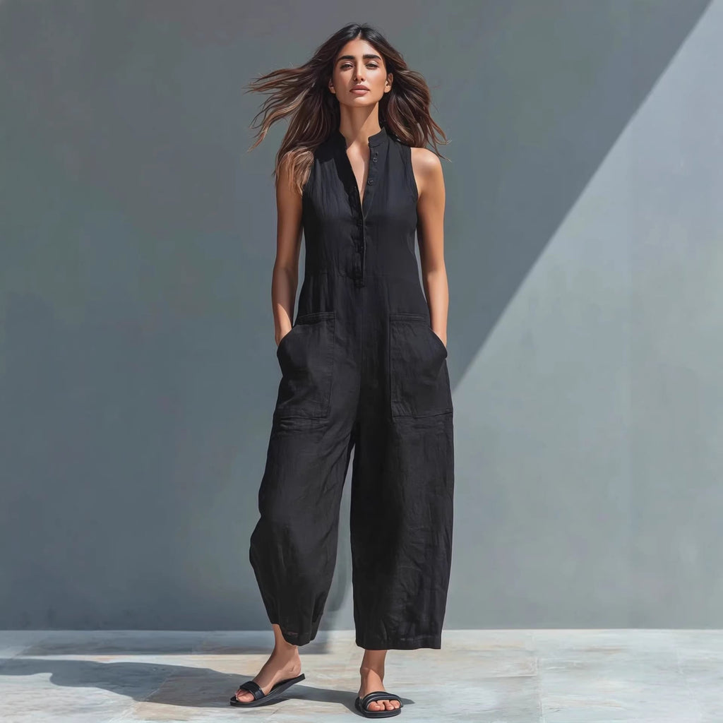 Casual Women’s Buttoned Stand Collar Sleeveless Loose Jumpsuit