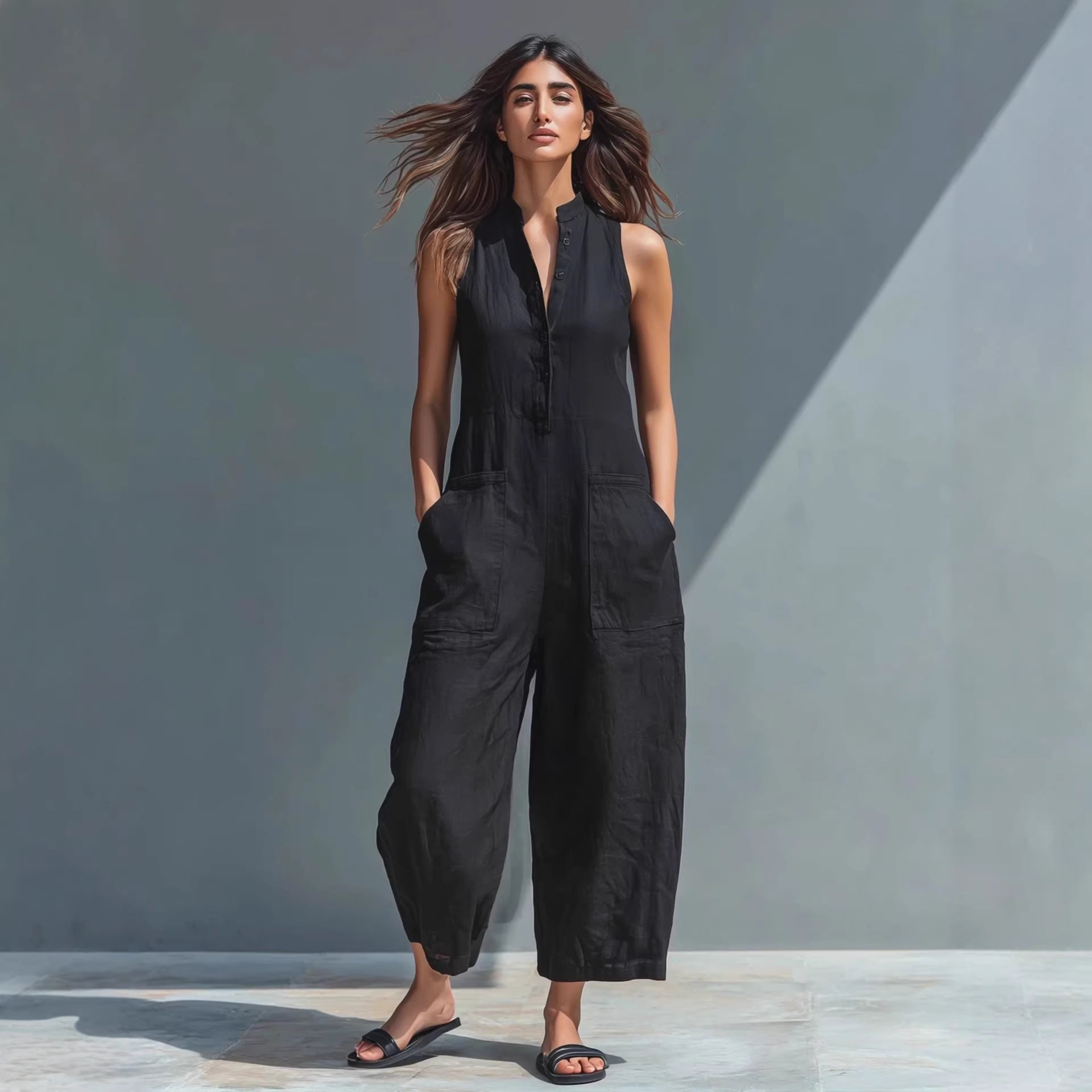 Casual Women’s Buttoned Stand Collar Sleeveless Loose Jumpsuit