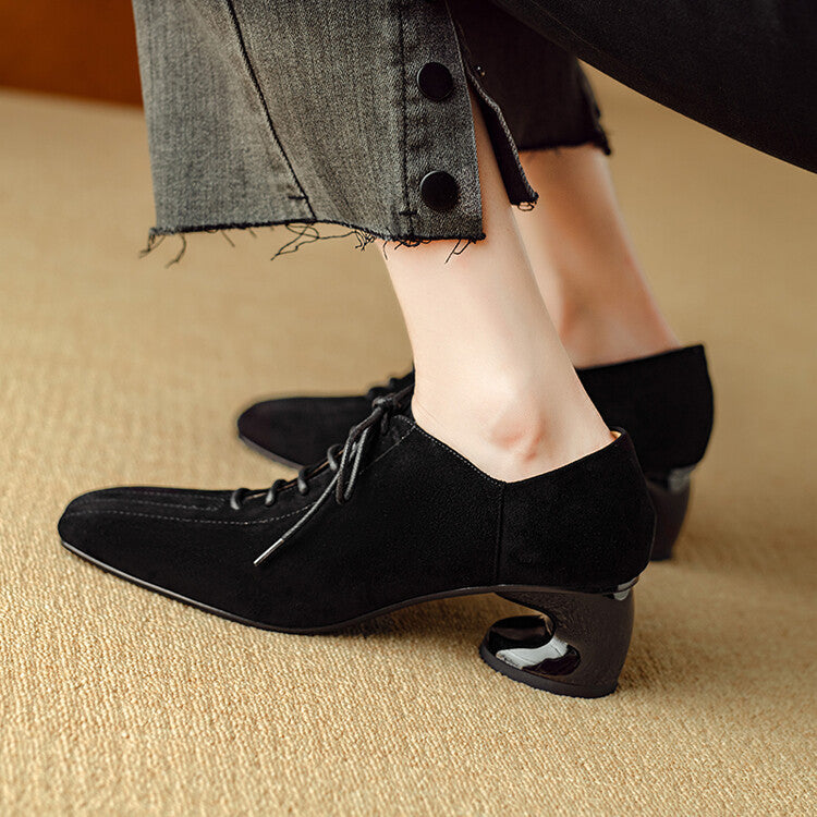 Women's Retro Sheepskin Square Toe Chunky Heel Pumps – Lace-Up Mid Heel
