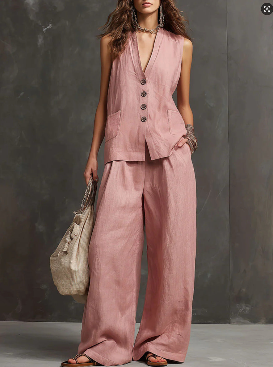 Women's Linen Sleeveless Vest & Wide-Leg Pants Two-Piece Set