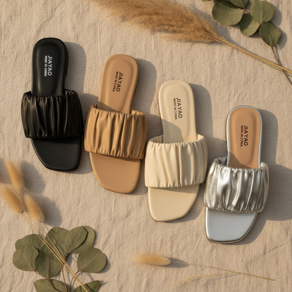Minimalist Pleated Flat Slide Sandals – Square Toe Faux Leather