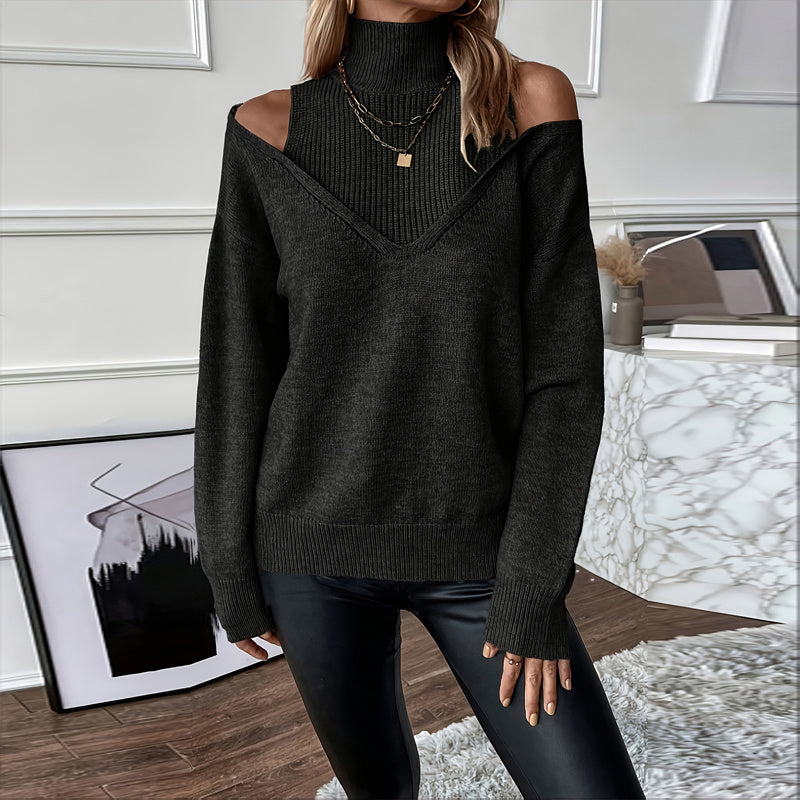 Women’s Elegant Off-Shoulder Turtleneck Sweater — Long Sleeve Knit Top