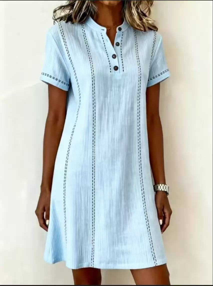 Women's Printed Button-Up Stand Collar Midi Dress – 3/4 Sleeve Loose Fit