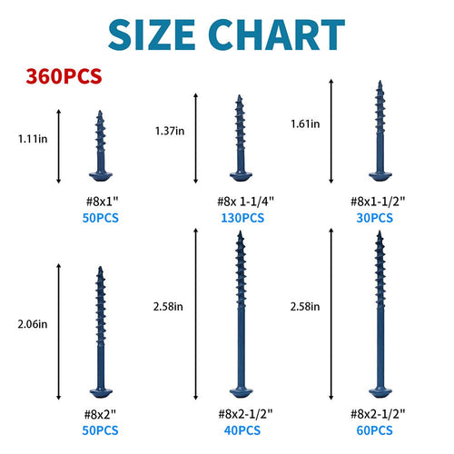 360 Pcs Blue Square Drive Self Tapping Coarse Thread Wood Screws Assortment Set