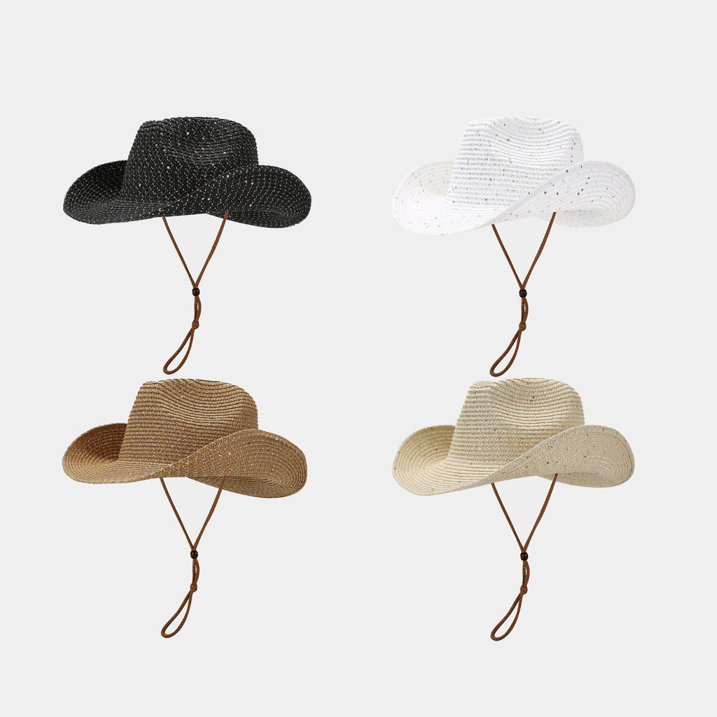 Women's Panama Straw Woven Sun Hat – Windproof Sequin Detail Beach Hat