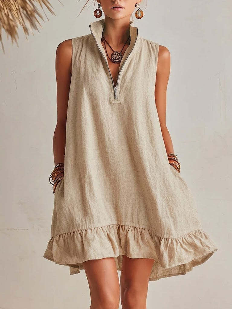 Women's Casual Loose Half-Zip Sleeveless Dress with Ruffle Hem
