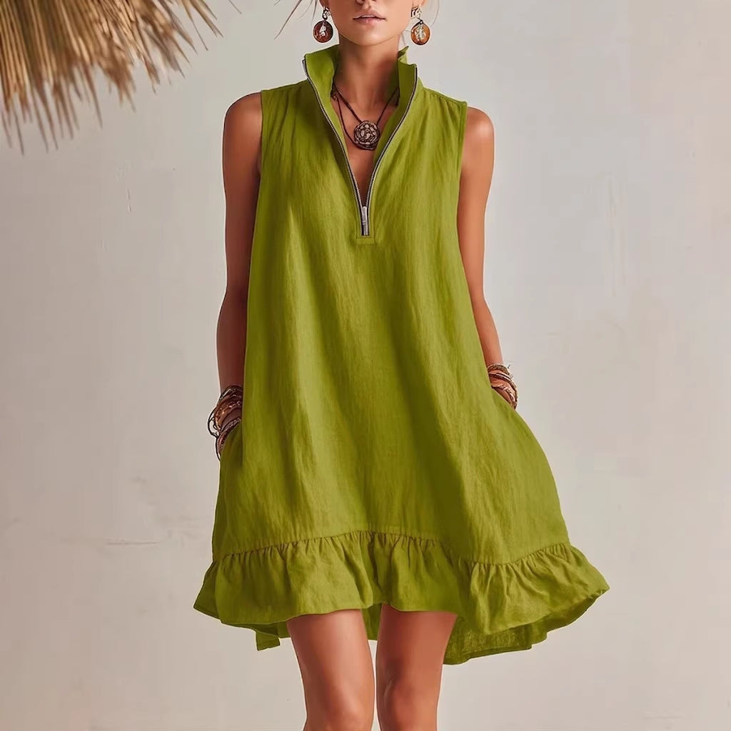 Women's Casual Loose Half-Zip Sleeveless Dress with Ruffle Hem
