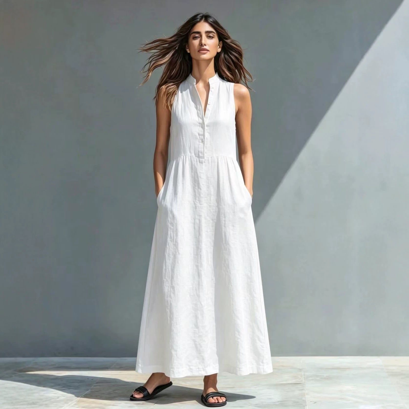Women's Stand-Collar A-Line Maxi Dress – Resort & Vacation Style