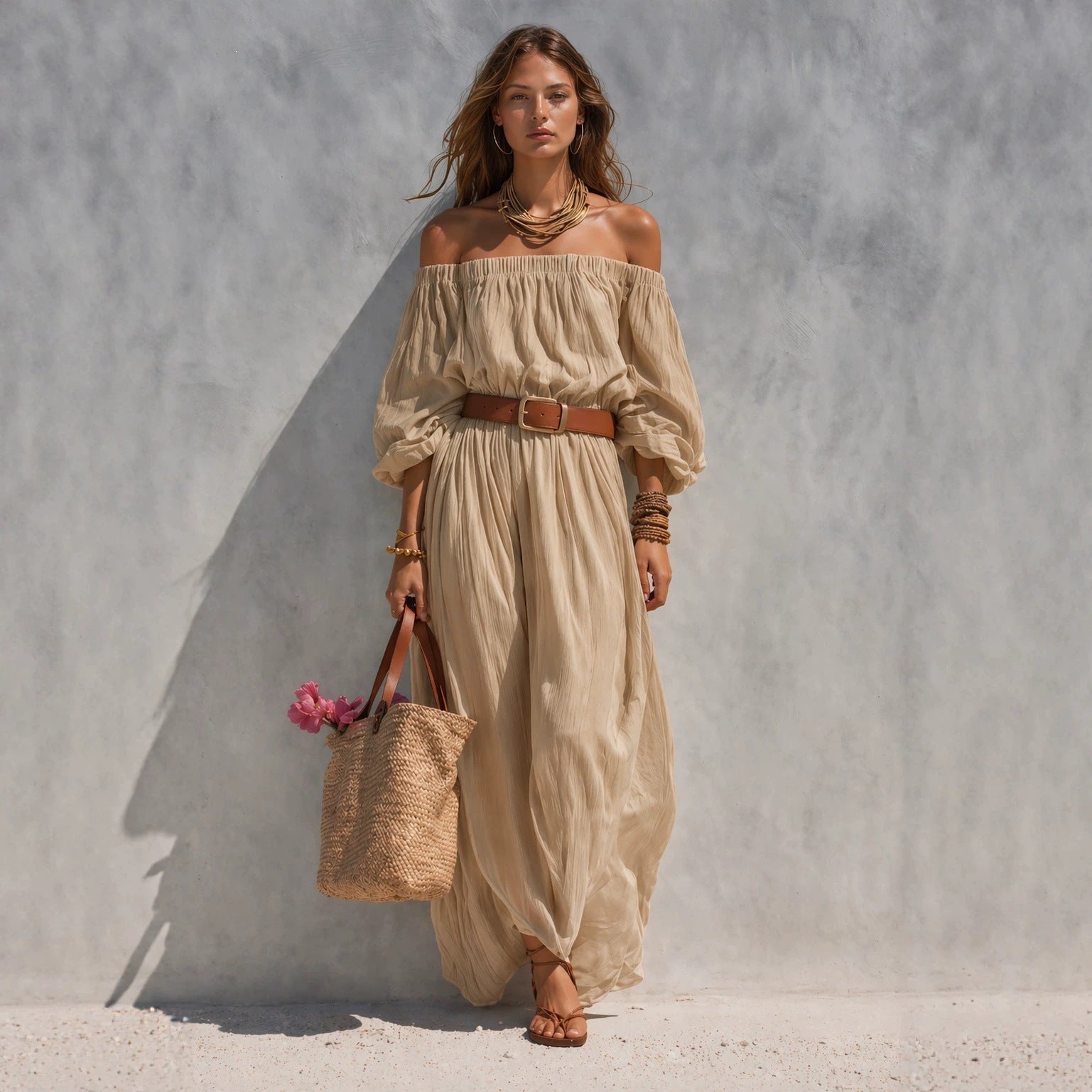 Women's Boat-Neck Sleeveless Cotton-Linen Maxi Dress