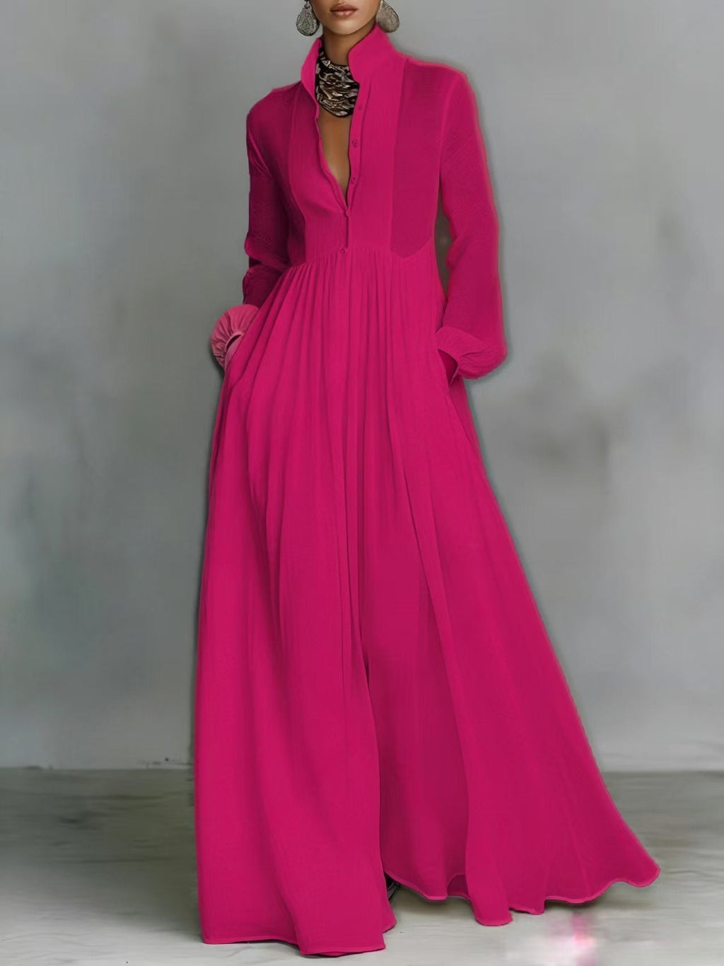 Women's French Style Long Sleeve Pleated A-Line Maxi Dress