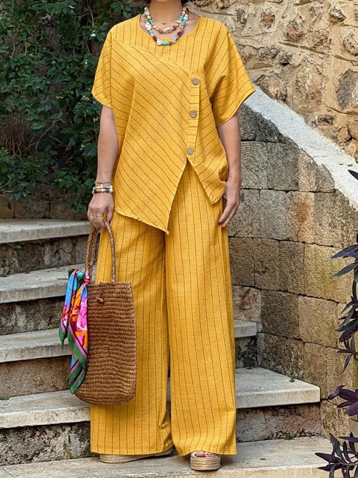 Striped Shirt & Loose Pants Set – Three-Quarter Sleeve Two-Piece