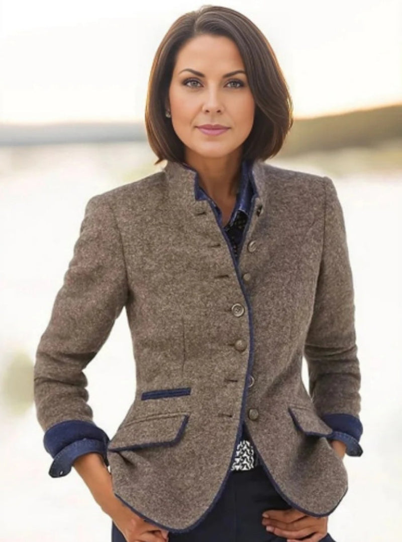 Women’s Color-Block Woolen Jacket – Multi-Button Casual Elegant Coat
