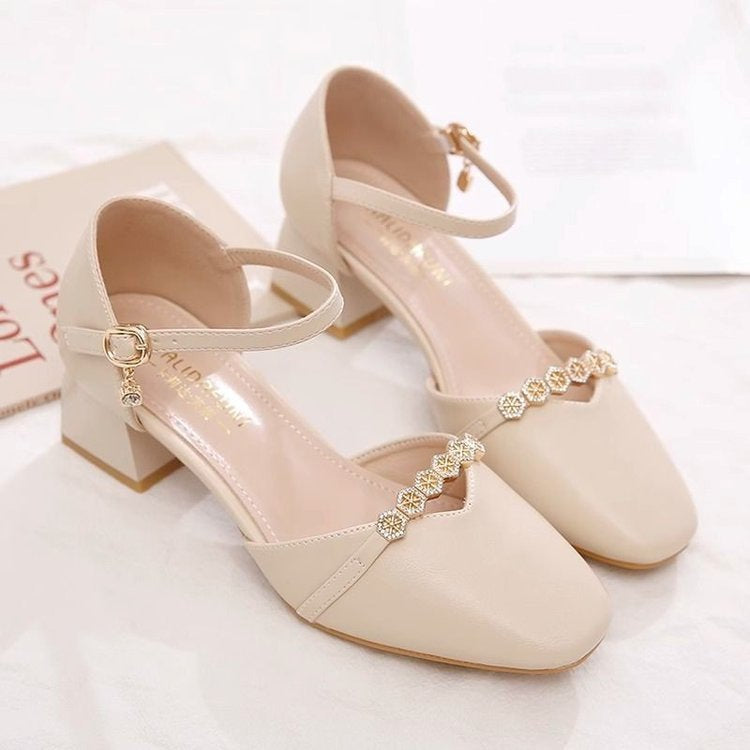 Women's Mid-Heel Slingback Pumps – Square Toe Buckle Strap